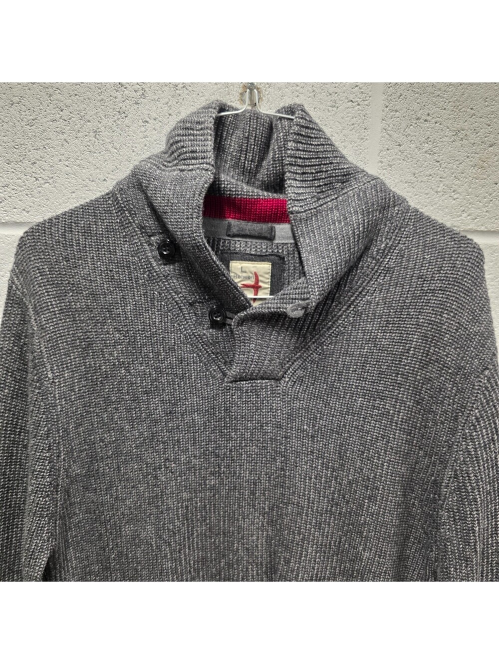 Relwen Gray Ribbed-Knit 100% Merino Wool Shawl Sweater Men's Size Large Slim Fit
